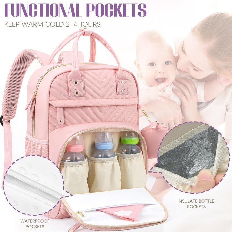 Tuwubi Diaper Bag Backpack, Baby Essentials Travel Tote Bag, Multi function Waterproof Backpacks, Travel Essentials with Stroller Straps & Pacifier Case - Light Pink - Image 3